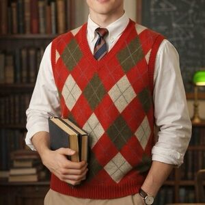 J. Crew Men’s Red/Gray Lambswool Argyle Sweater Vest Preppy Academia Size Large